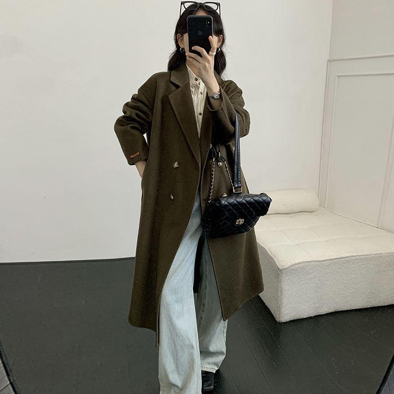 

2025 Autumn/Winter Grey Mid-Length Double-Faced Wool Coat: Loose Hand-Stitched Korean Style Women s Overcoat M [125-150 lbs]
