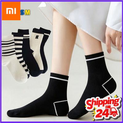 10-40Pairs Women Stripe Crew Socks Black White Breathable Moisture Wicking Mid Calf Casual Sports Socks for Daily Streetwear