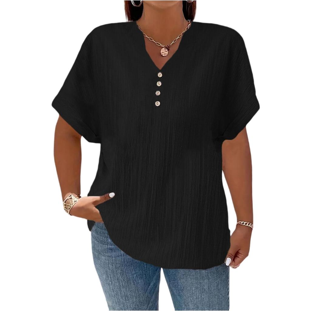 Women's Fashionable Casual Color Button V,Neck T,Shirt Top