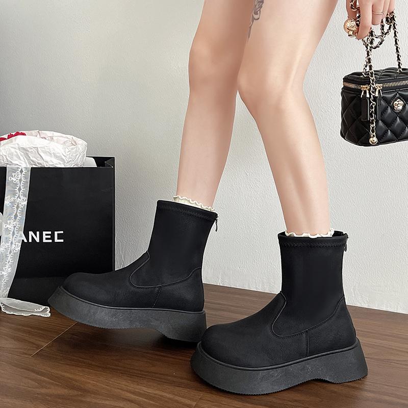 Fashion 2025 Women's Suede Leather Thick Sole Platform Flat Slip-on Autumn Mid-calf Boots Casual Female Punk Half Boots Shoes for Woman
