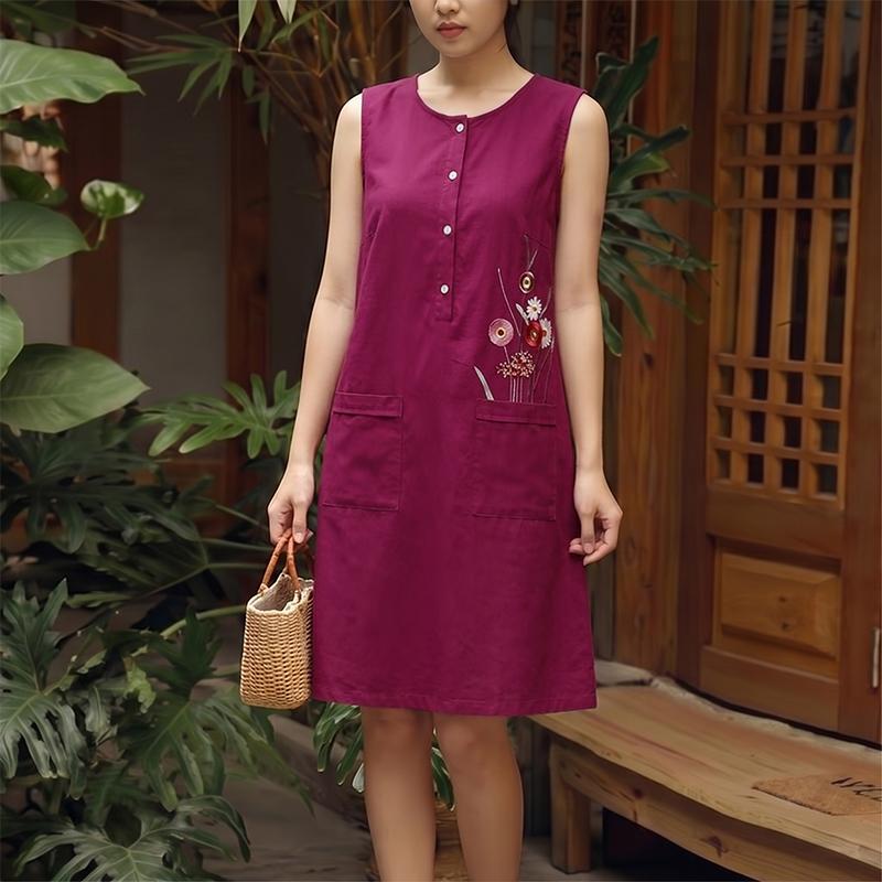ZANZEA Women Casual Round Neck Floral Embroidery Loose Sleeveless Dress 2XL