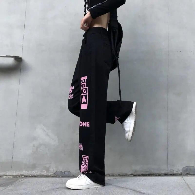 Streetwear Vintage frauen Schwarze Jeans Frühling Herbst Neue Hosen Hip Hop Mode Brief Drucken Lose Breite Bein Casual Hosen 2023