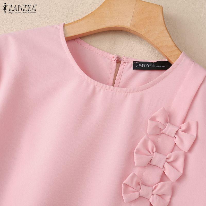 ZANZEA Women Bows Splice Summer Casual Round Neck Short Sleeve Dress