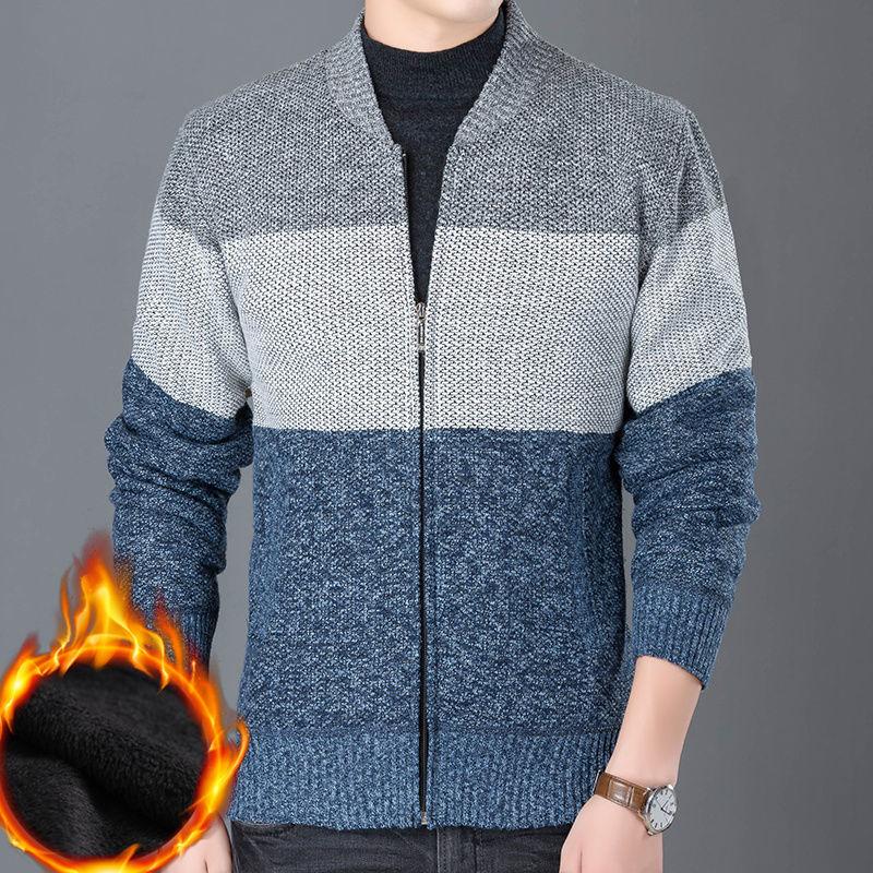 Thick Winter Men's Sweater with Added Fleece Zipper Cardigan Oversized Stand Up Collar Knitted Warm Jacket