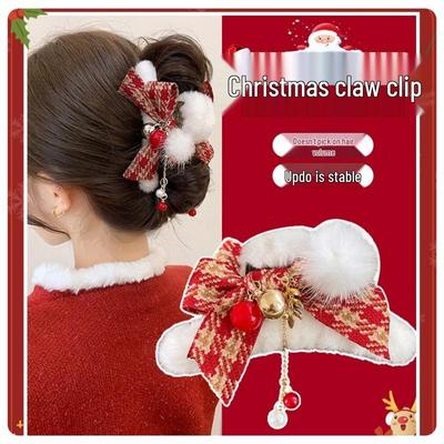 Plush Red Christmas Bow Claw Hair Clip for Women - Autumn/Winter High-End Shark Clip Accessory