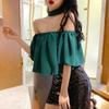 WTEMPO Léto s vypnutým ramenem Korejský styl Krátké topy s ohlávkou Dámské Jednobarevné Šifonové halenky Krátký rukáv Krátký rukáv