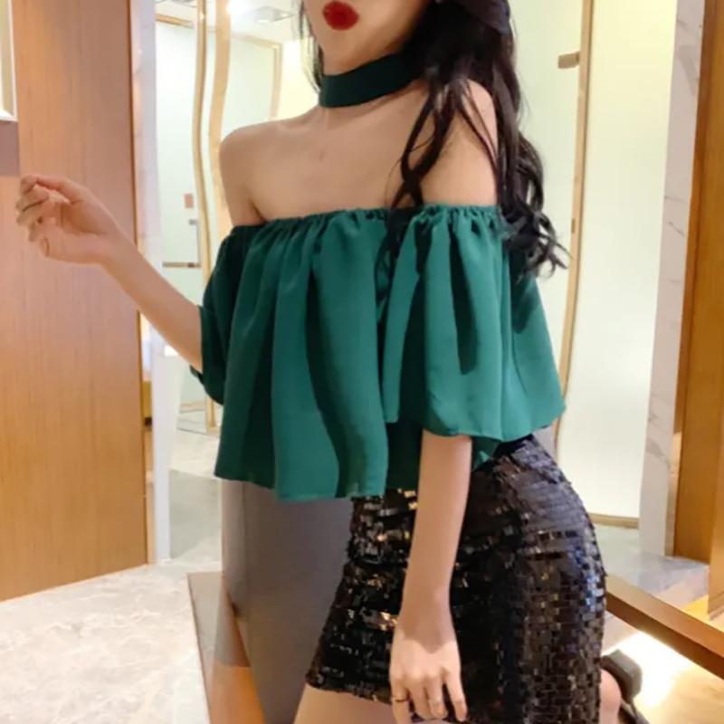 WTEMPO Léto s vypnutým ramenem Korejský styl Krátké topy s ohlávkou Dámské Jednobarevné Šifonové halenky Krátký rukáv Krátký rukáv