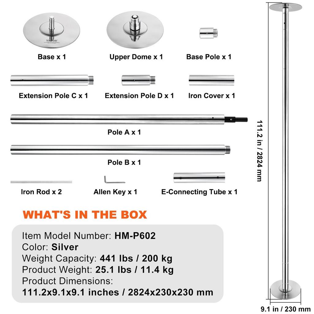 Professional Dancing Pole, Spinning Static Dancing Pole Kit, Portable Removable Pole, 45mm Heavy-Duty Stainless Steel Pole, Height Adjustable Fitness