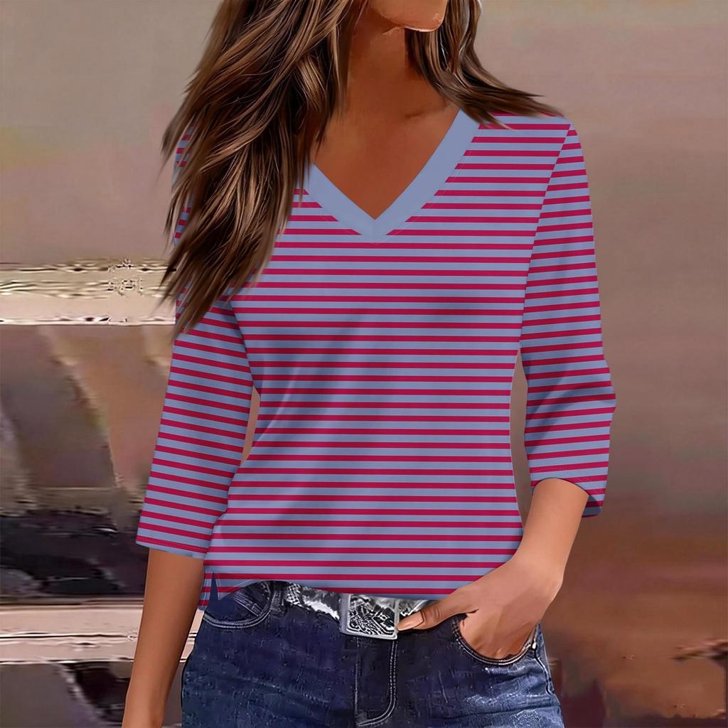 Women’s V Neck Striped Top Casual Three Quarter Sleeve Pullover Soft Knit Lightweight Tee Shirt for Daily Wear