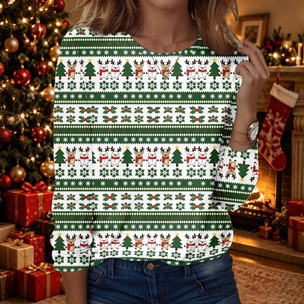 Women's Fashion Christmas Print Crewneck Long Sleeve Pullover Top, Casual Holiday Shirt