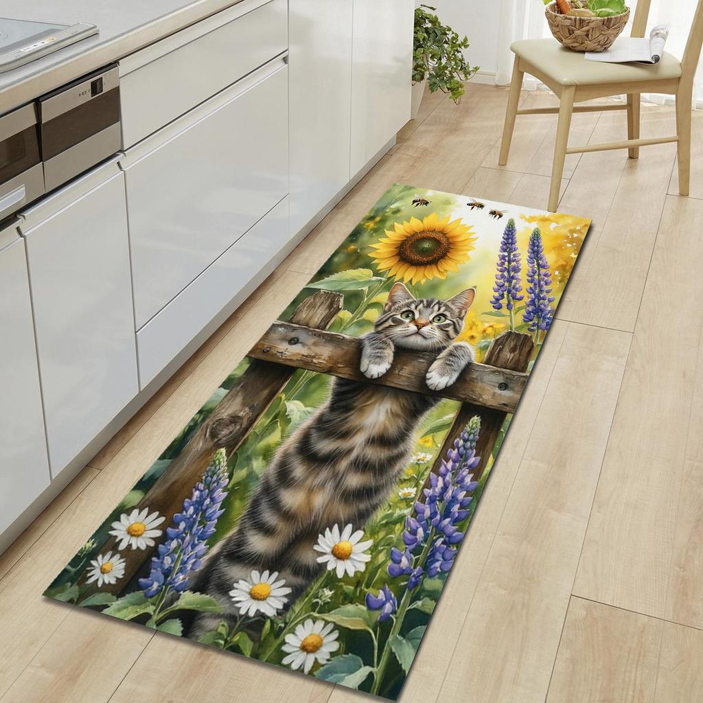 1Pcs Cute Cat Pattern Floor Mat Modern Kitchen Polyester Rug Non-Slip Colorful Indoor Carpet, For Home Bathroom Bedroom Living Room Decor