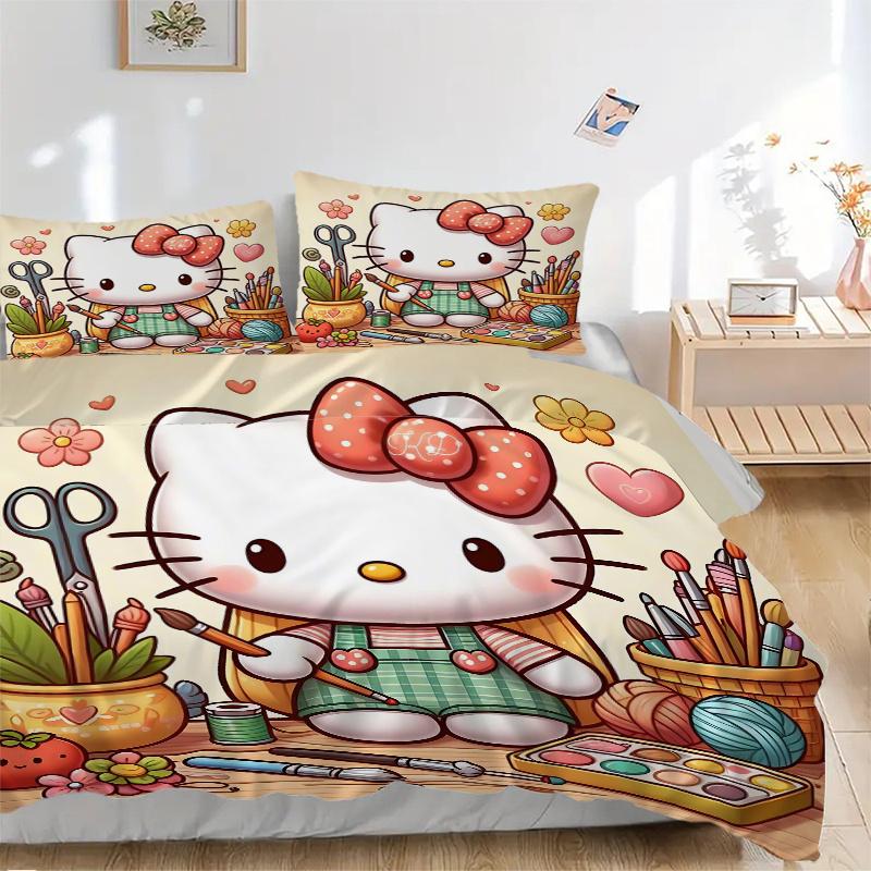 

3 шт. Художественное убежище Хелло Китти Комплект постельного белья - Мягкий и удобный Декор для спальни, гостевой комнаты и общежития Комплект постельного белья H046 135x200cm