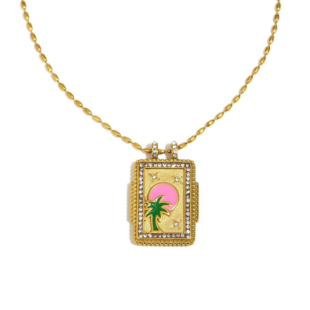 Retro Personality High-End Jewelry Stainless Steel Gold-Plated Dripping Oil Square Necklace Collection