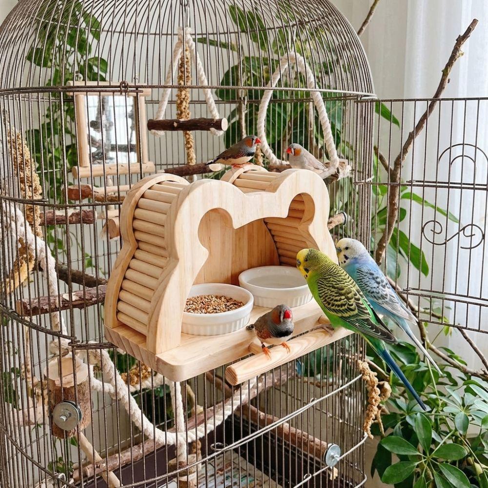 Splash-proof Wooden Bird Nest House Bite Resistant Double Bowls Observation House Large Capacity Water Feeder Bird Perch