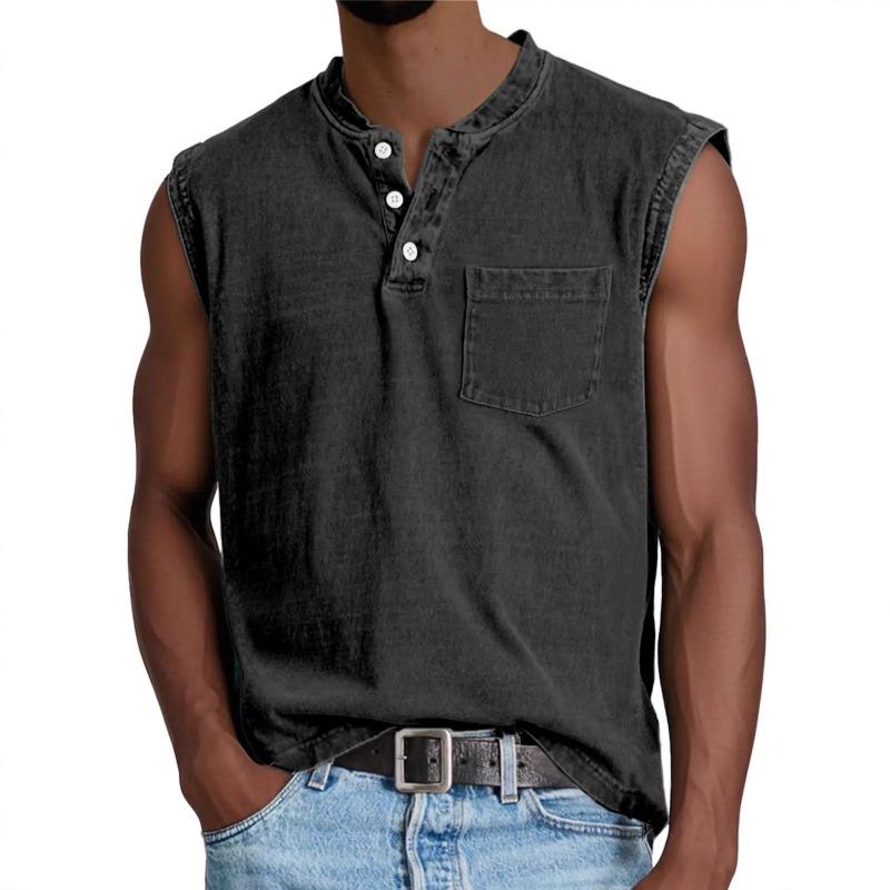 Herren gewaschenes Henley ärmelloses Tanktop lässig V-Ausschnitt einfarbig Muskelshirt mit Brusttasche