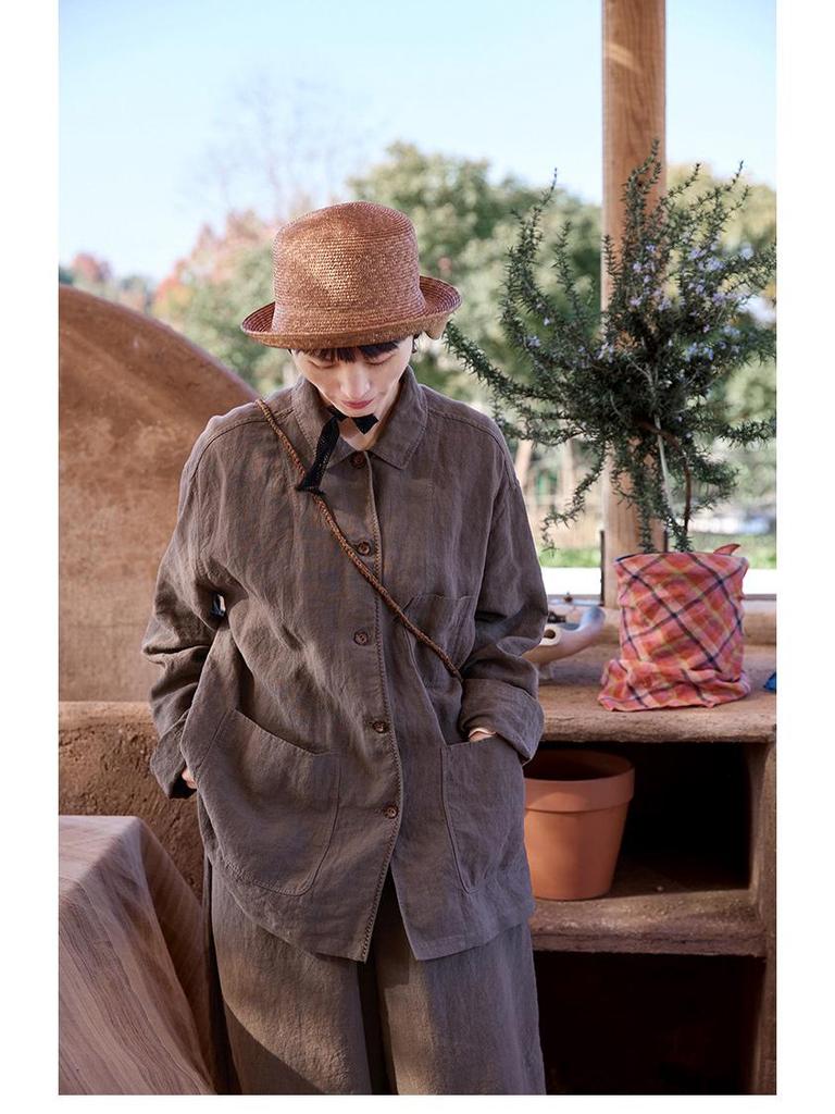 Spring Summer Retro Women's Tea Brown Linen Plus Size Slimming Loose Lapel Shirt Outerwear