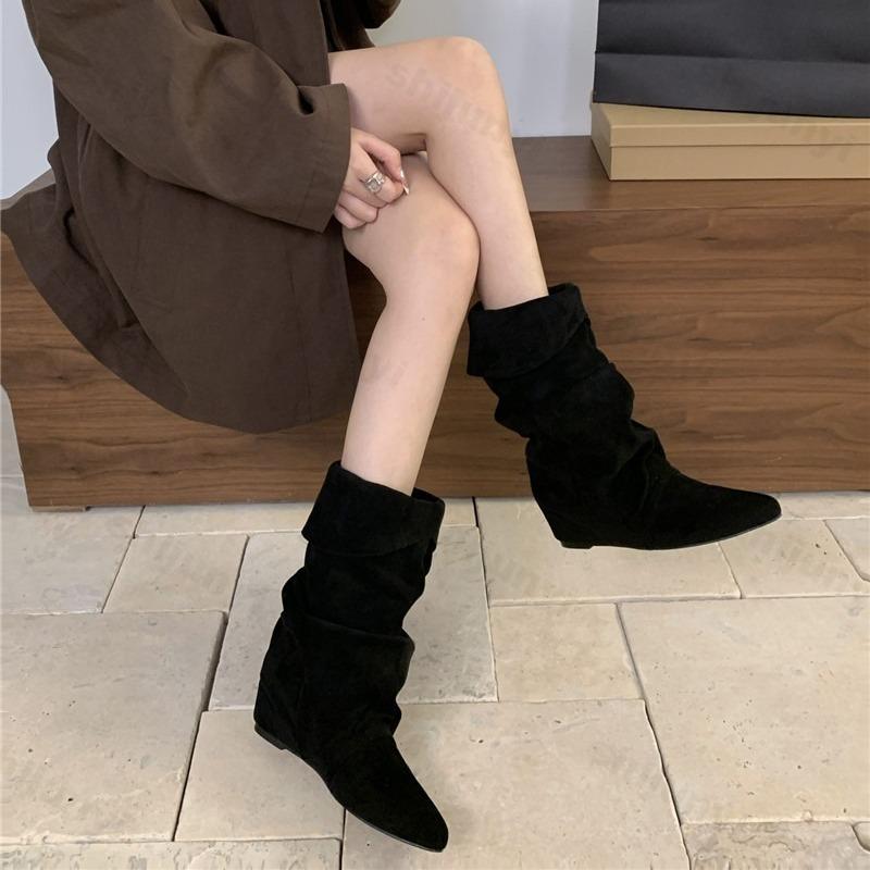 Dames Laarzen Spitse Neus Halve Kuit 2026 Herfst Nieuwe Mode Chelsea Laarzen Hoogte-verhogende Inlegzolen Retro Hoge Kwaliteit Mujer Botas