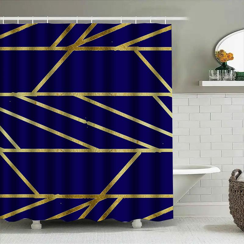 Modern Geometric Shower Curtain Bold Navy Blue Gold Stripes Polyester Fabric 72X84 In For Bathroom Decorations