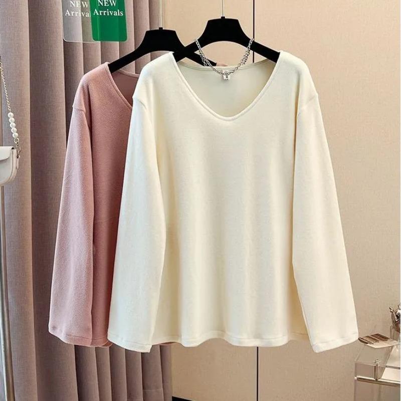 Tops for Women Long Sleeve Shirts Winter Oversize Solid Color Thickened Casual V Nevk Shirt Loose Blouse Pullover Tops