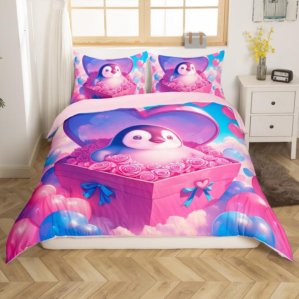 Cartoon Penguin Bedding Set Romantic Balloon Valentine's Day Comforter Cover Groovy Roses Flower Duvet Cover for Couple Lovers