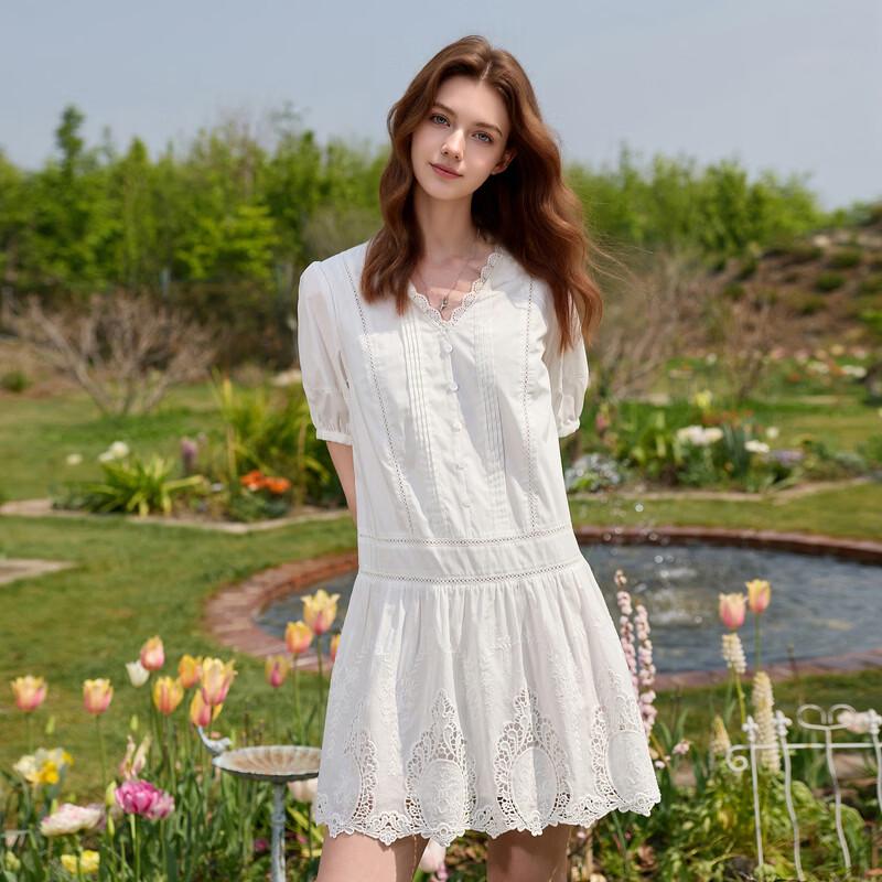 Sancai 2026 Summer Embroidered V-Neck Bubble Sleeve A-Line Short Dress