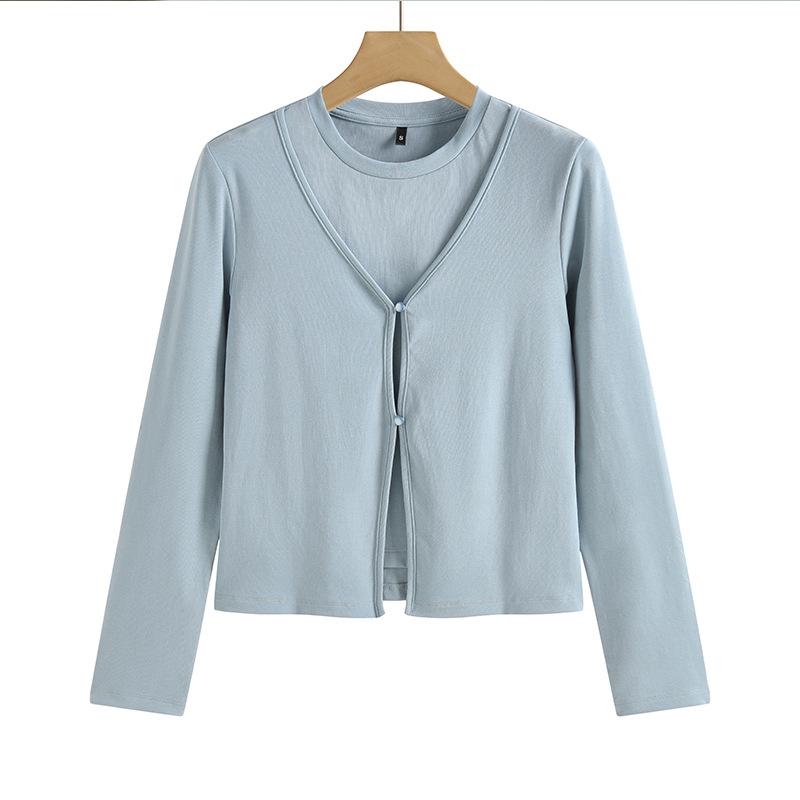 

Женские топы на весну и осень, модная облегающая женская футболка с длинным рукавом, имитация пуговиц, двухкомпонентный двухслойный хлопковый топ XL