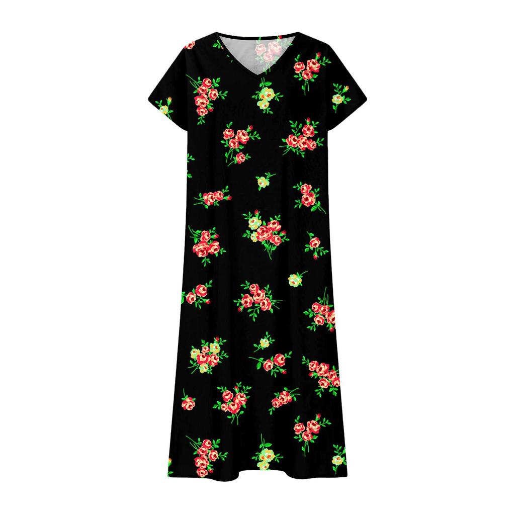 Summer Dress Women's Long Boho Beach Dress Elegant Maxi Dress V-Neck Short Sleeve Summer Tunic Dress Light Airy