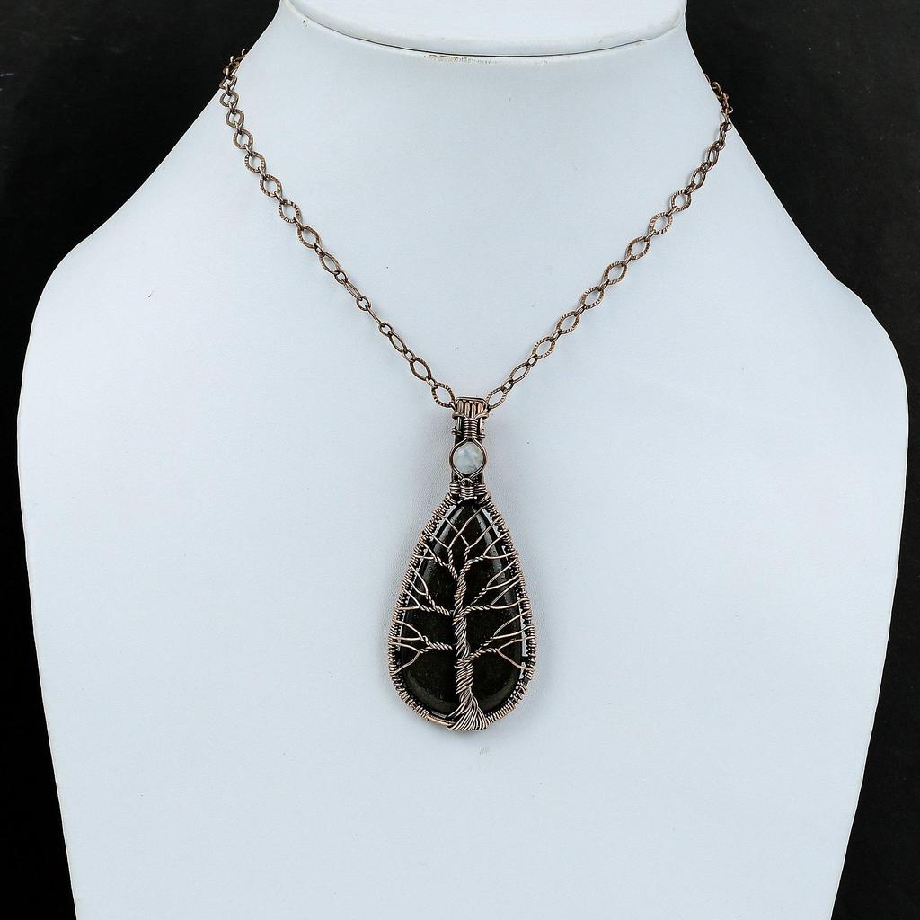 Tree Of Life Silver Sheen Obsidian Pendant Copper Wire Wrapped Pendant Rainbow Moonstone Pendant Gemstone Copper Jewelry Handmade Pendant