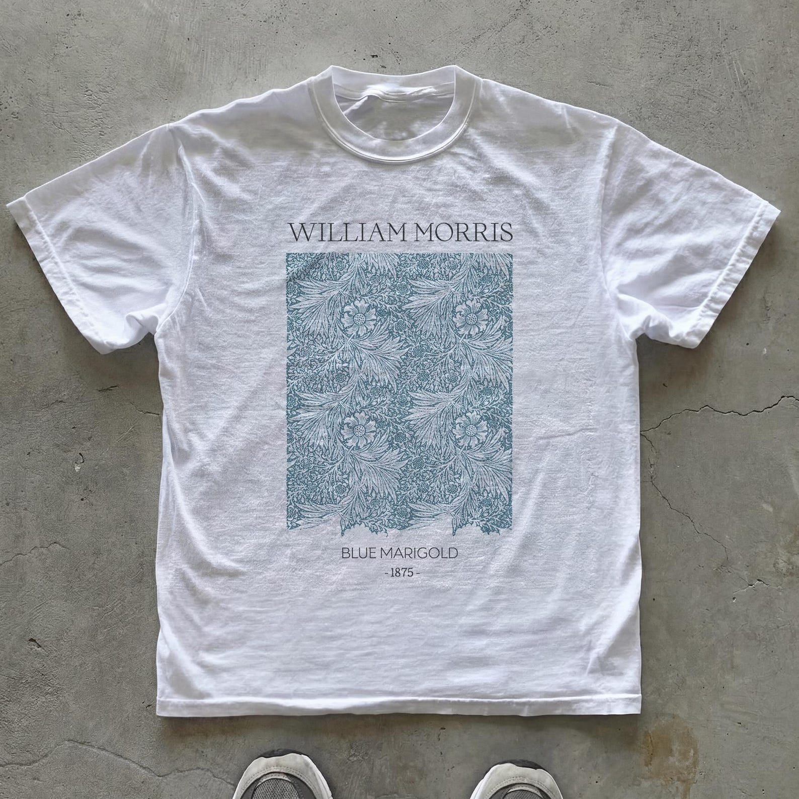 Blue Marigold Art T-Shirt | William Morris Botanical Print | Minimalist Vintage Pattern Tee 4XL