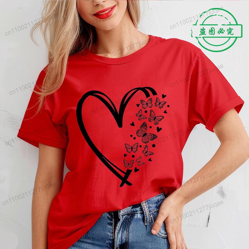 Valentine Heart Printed T Shirt for Women Leopard Heart T-shirt Girl Short Sleeve Crew Neck Casual Top for Summer Women Clothing