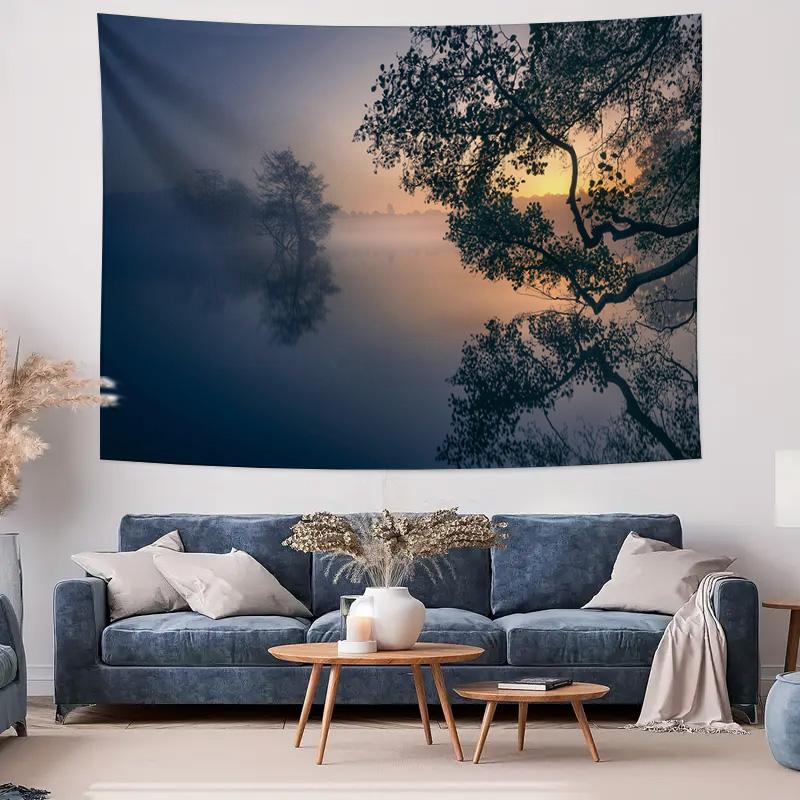 Morning Mist and Lakeside Shadows Hanging Cloth  Romantic Natural Landscape Decorative Fabric Tapestry