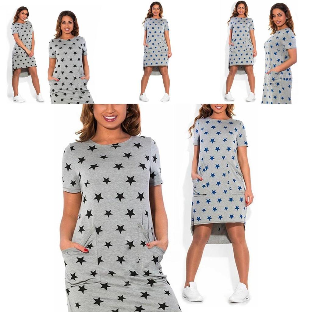 Summer Women Stars Printed Clothing Loose Fit Knee-length Casual Dress In Cotton Blend