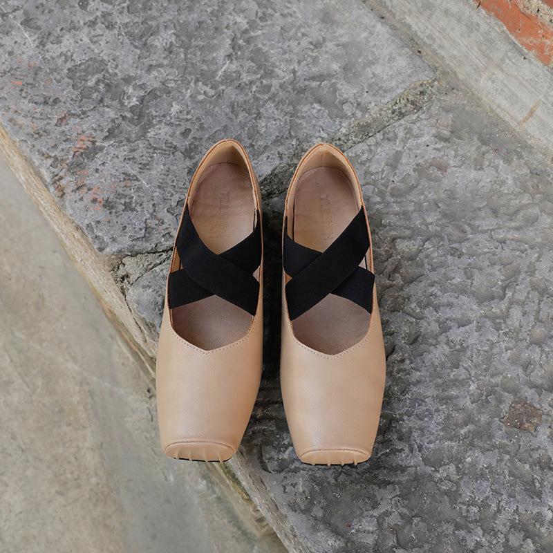 New Year's New Crossed Ballet Sneakers with Square Toe Pleated Retro Style Single Shoes Thick Heels Mary Jane Women's Shoes