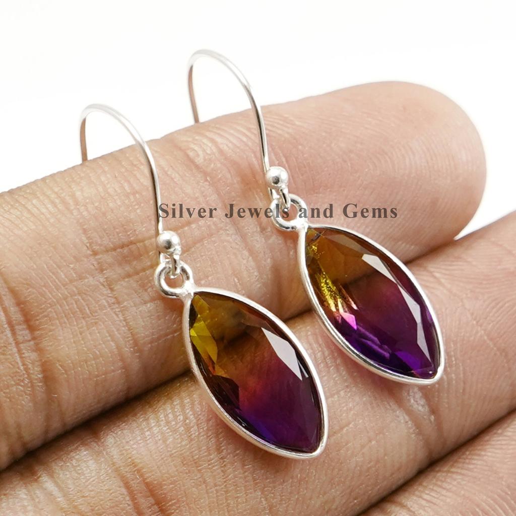 Marquise Ametrine Quartz Bezel Earrings: Handmade 925 Sterling Silver