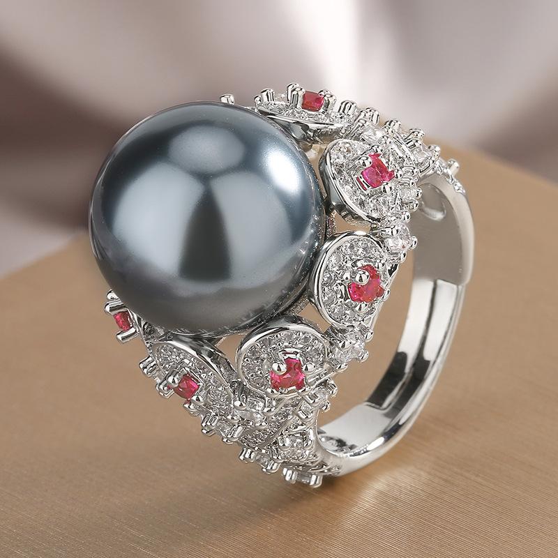 Jewelry Setting Imitation Gray Pearl Retro Diamond Setting Ring 14Mm