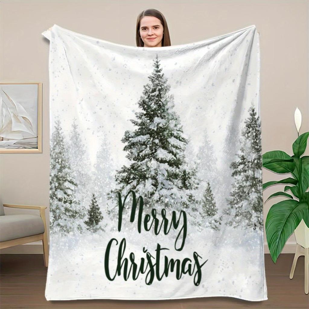 1pc Festive Pine Tree and Merry Christmas Blanket, Polyester Fabric, Machine Washable, Suitable for Bedroom and Living Room