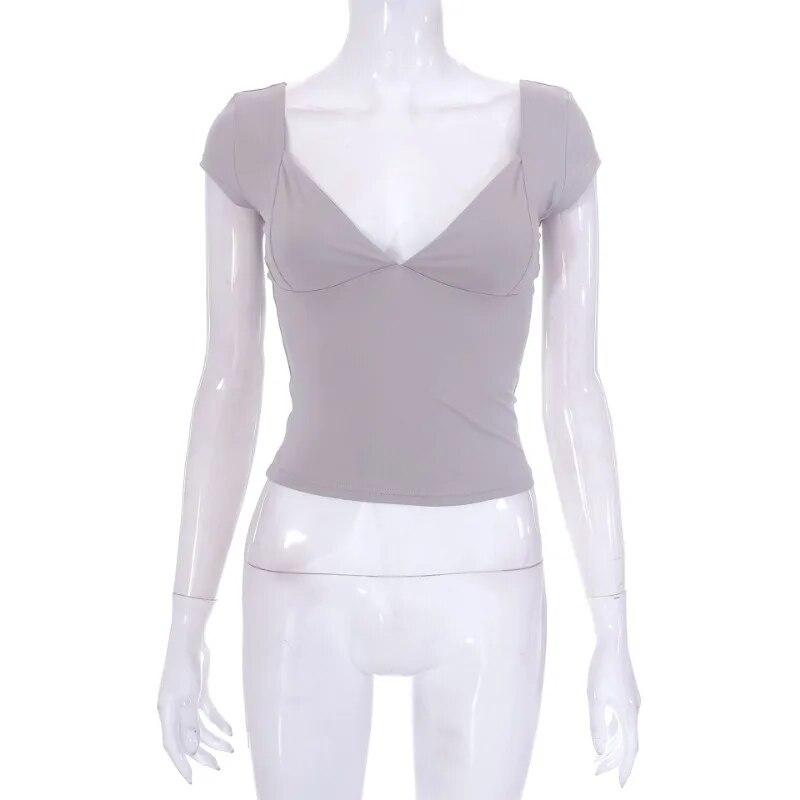 Summer 2024 Solid Sexy Backless V Neck Womens T-shirt Low-cut Short Sleeve Casual Tshirts Woman Slim Elegant Cropped Tees 30617