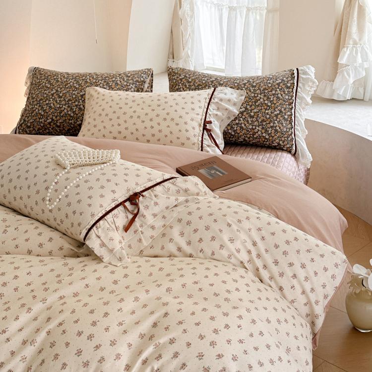 Cotton Bedding Four-piece Set Bow Lace Edge Skin-friendly Breathable Bed Sheet Quilt Cover Pillowcase Kit