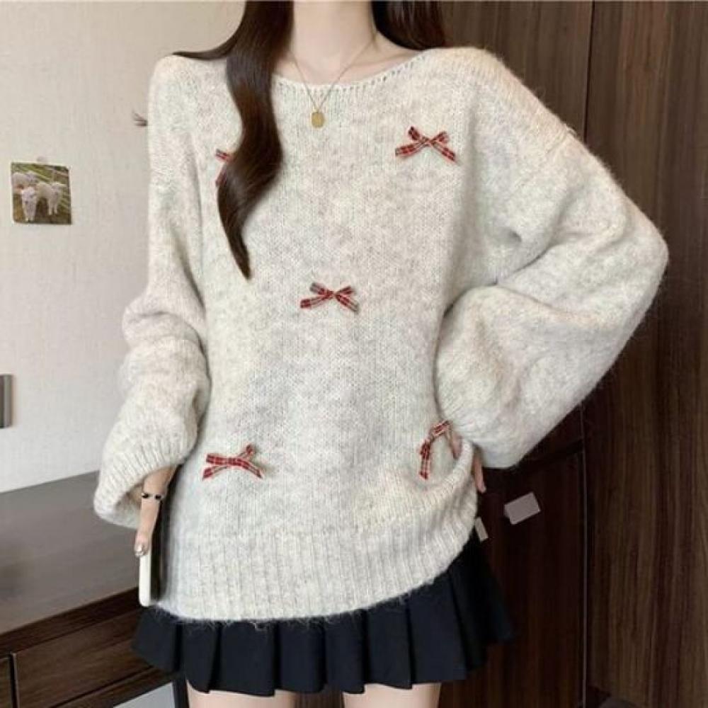 Navava Soft Loose Fit Ribbon Point Round Neck Long Sleeve Knit Sweater Nk3410