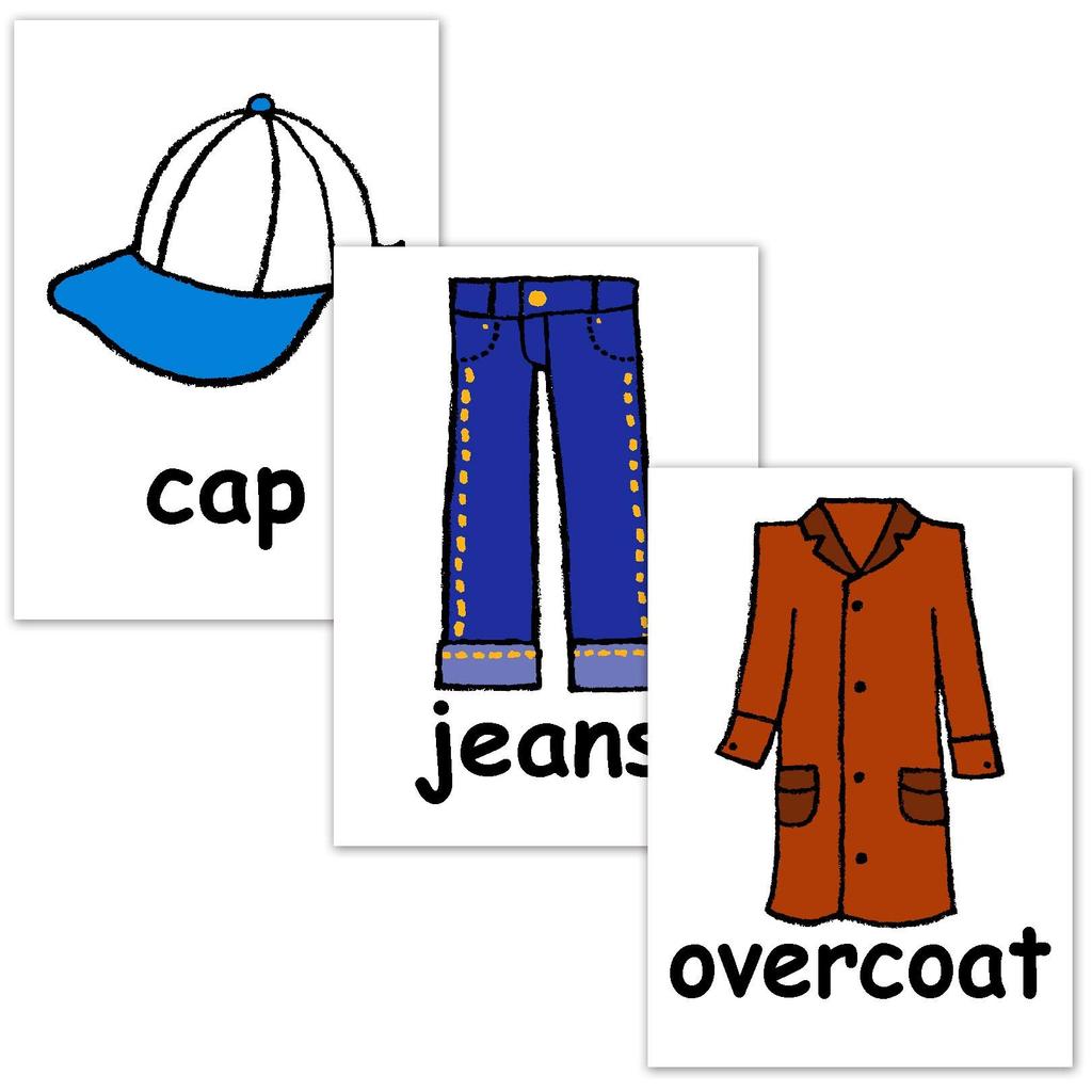 English Word Cards and Things To Flashcards, (Clothes Wear) A4 Size, Laminated