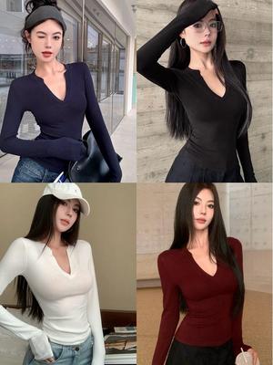 Women's Stylish Half-Open Collar Long-Sleeve Slim-Fit Base Layer T-Shirt - Short, Chic, and Perfect for Autumn/Winter