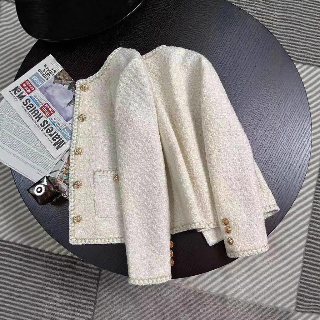 2025 Korean Style Off-White French Tweed Socialite Jacket for Women