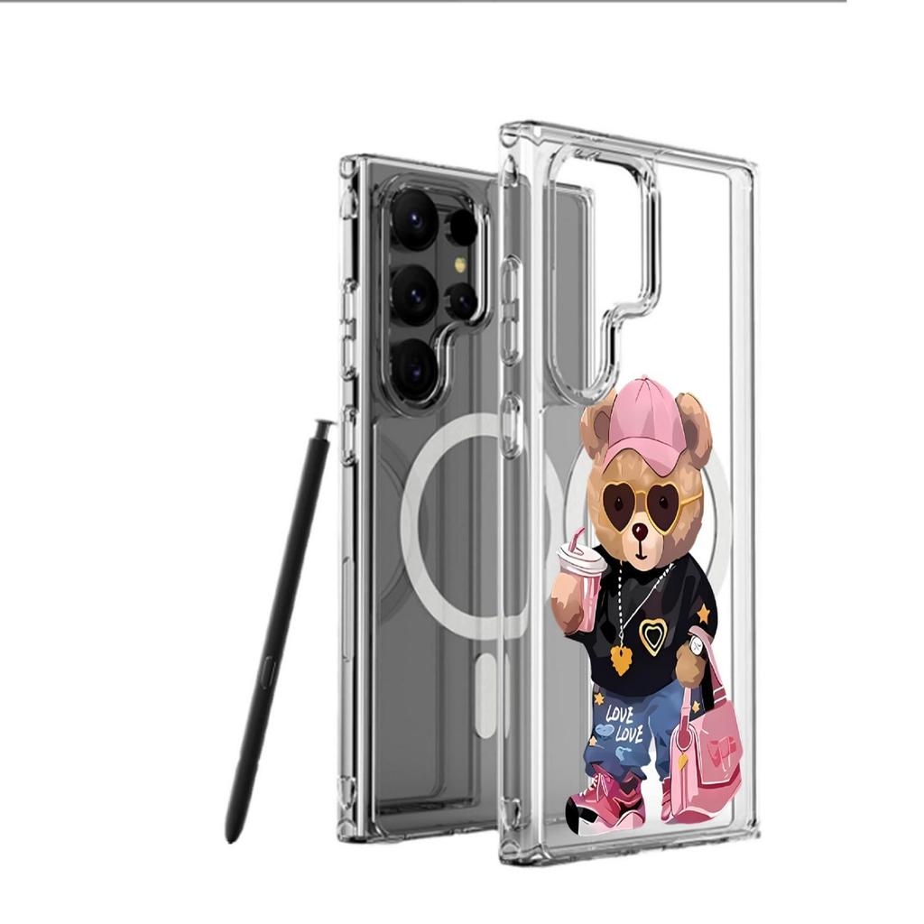 Kreskówkowy Miś Magnetyczne Etui na Telefon dla iPhone 15/16/17 Pro Max - Przezroczyste Pełne Pokrycie