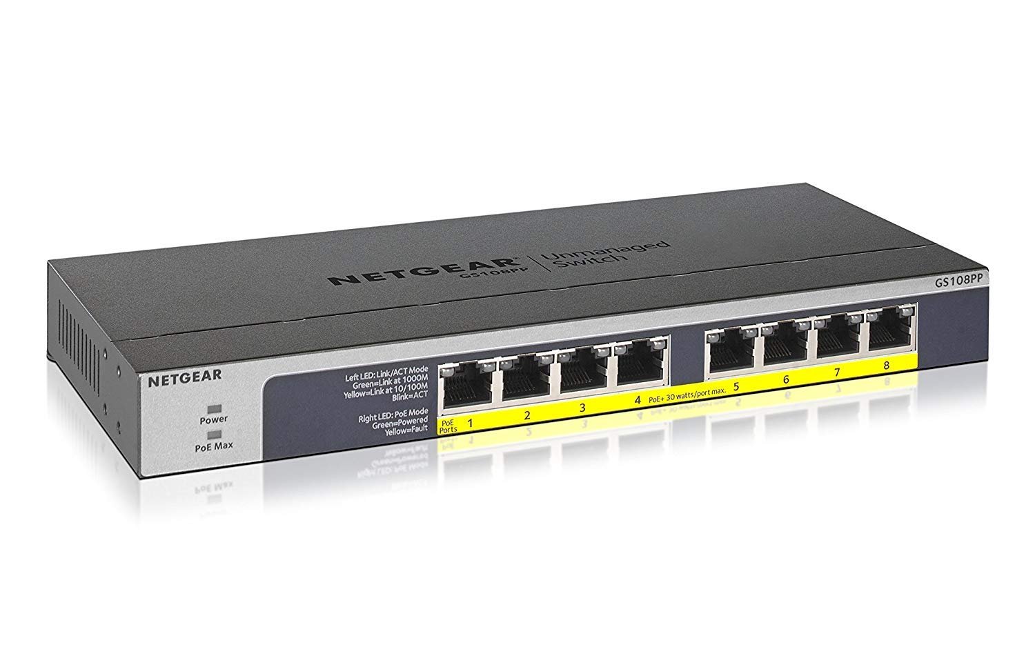 

NETGEAR Switching Hub 8 Ports 1G Metal Housing Quiet Fanless Limited Lifetime Hardware Warranty Unmanaged Switch [Genuine Product] PoE+ (123W) сірий колір