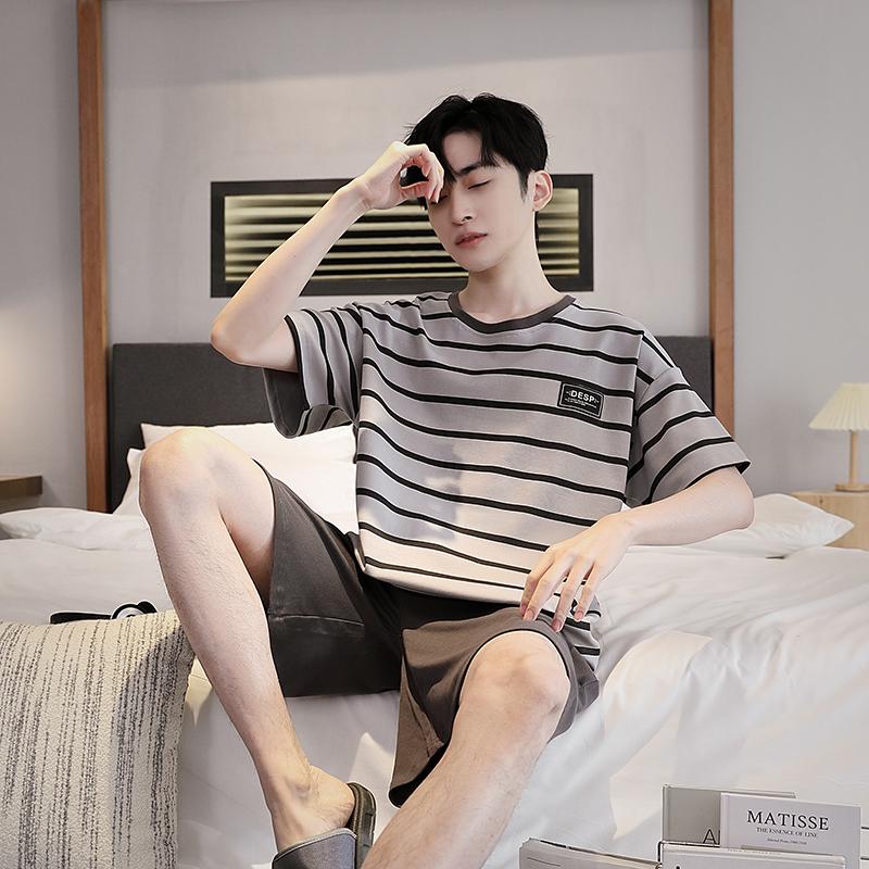 Men's Pajamas set Short-Sleeve tops and Shorts Sleepwear Loungewear Students Two-Piece Striped Youth Nightwear y2k Homewear male