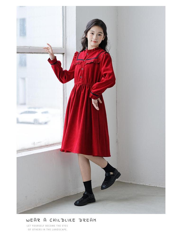 Girls' Red Ruffle Stand Collar Long Sleeve Waist-Hugging Dress for Autumn
