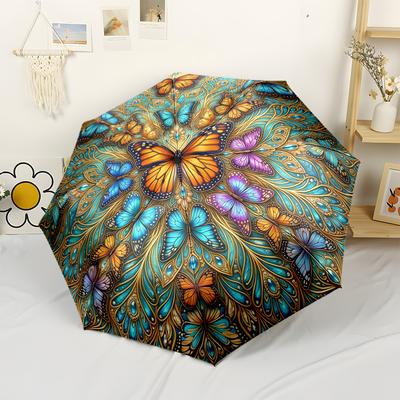 Schmetterlings-Mandala-Kunstwerk Automatischer Outdoor-Regenschirm Einziehbares Design mit 8 Streben Langlebigkeit Faltbares Design Reiseutensil Lebhaftes Muster