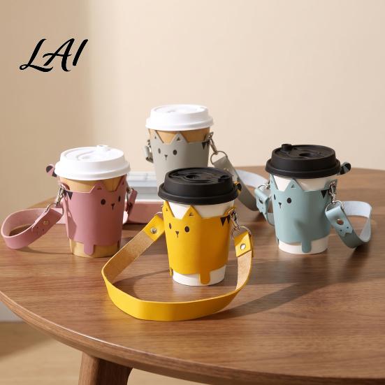 Portable Cup Accessory for Kids Cute Sleeve with Leather Cat PU Lanyard Insulated Reusable Coffee Cover Holder Protective Travel And Outdoor