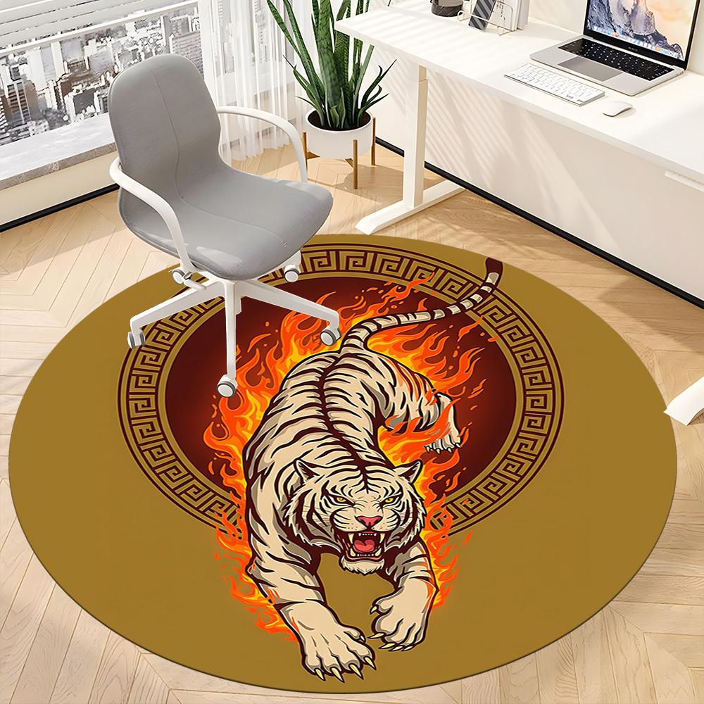 1pc Flaming Tiger Circle Office Round Area Rug, Under Office Chairs Bedroom Living Room Home Decor, Room Deco, Available in Various Sizes
