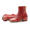 Johnature Vintage Rote Schuhe Handgefertigte kurze Damenstiefel aus echtem Leder mit Splice-Print zum Schnüren